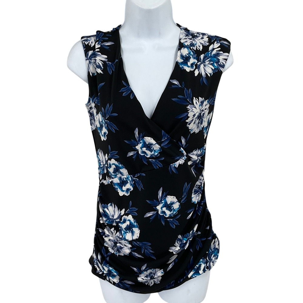 White House Black Market Top XS Black Floral Ruched Botanical Travel Career